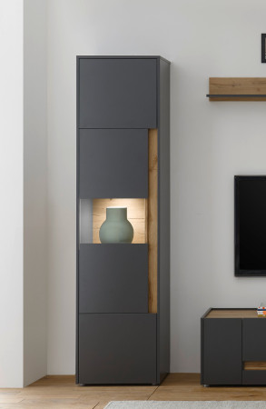 Vitrine 197x50 cm Eiche Anthrazit 3-türig BOSTON + Beleuchtung