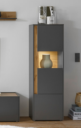Vitrine 197x50 cm Eiche Anthrazit 3-türig BOSTON + Beleuchtung