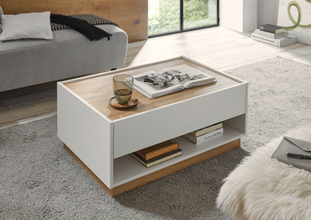 Couchtisch 90x60 cm Höhe 38 cm Eiche Weiss mit 1x Schubkasten BOSTON