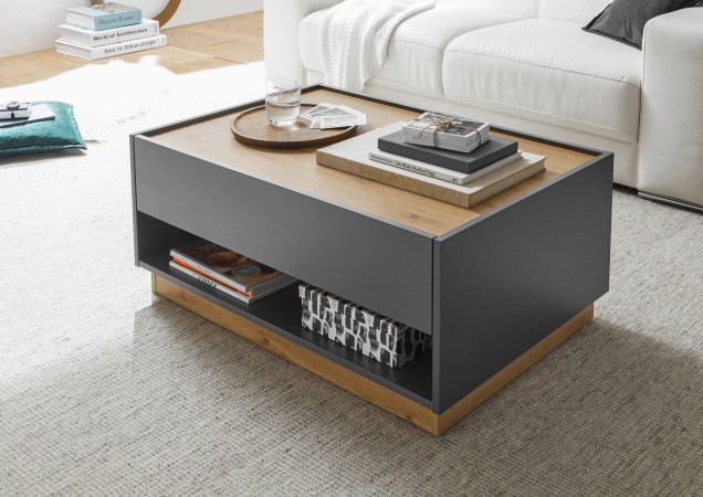 Couchtisch 90x60 cm Höhe 38 cm Eiche Anthrazit mit 1x Schubkasten BOSTON