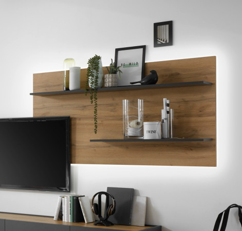 Wandpaneel 155x80 cm Eiche Anthrazit mit 2x Ablageböden BOSTON + Beleuchtung
