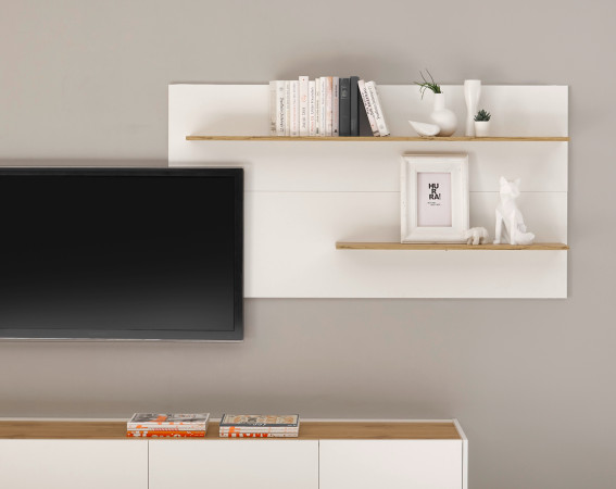 Wandpaneel 155x80 cm Weiss mit 2x Ablageböden Eiche BOSTON