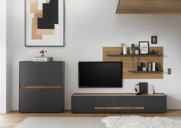 Wohnwand 360 cm Eiche Anthrazit 3-teilig Nr 16 BOSTON + Beleuchtung