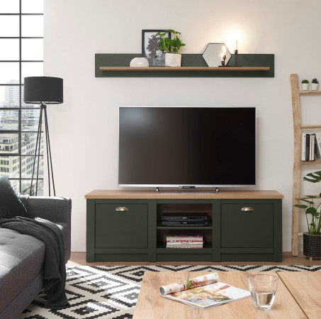 Lowboard 2-türig 152x51 cm + Wandboard 150x20 Grün + Eiche CASTLE