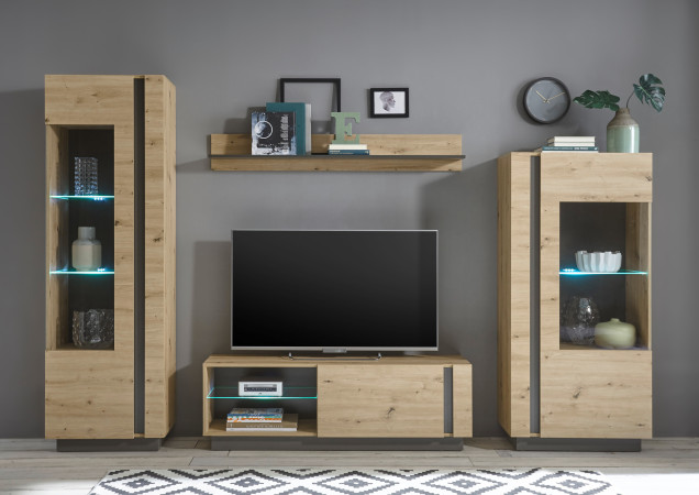 Wohnwand 290 cm 4-teilig Eiche Graphit Nr. 1 CORATO + BELEUCHTUNG