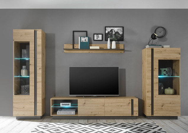 Wohnwand 340 cm 4-teilig Eiche Graphit Nr. 2 CORATO + BELEUCHTUNG