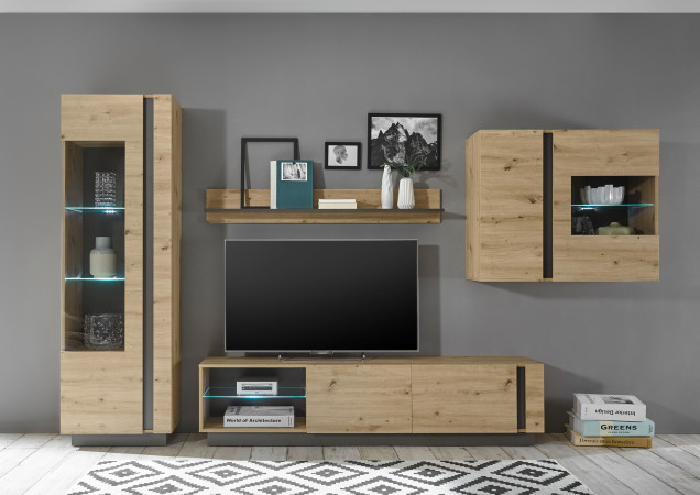 4-teilige Wohnwand 315 cm breit mit Beleuchtung Eiche Graphit Nr. 3 CORATO