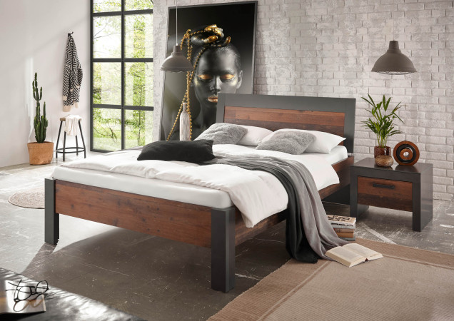 Bett 140x200 mit Holzkopfteil + Nachtkommode used-look QUEENS