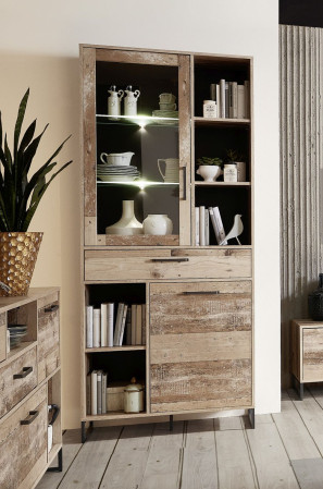 Vitrine 2-türig 83x199 cm inkl. LED-Beleuchtung Used Style Mix + Metallgestell anthrazit ROOF