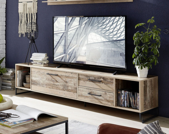 Lowboard 197x47 cm + 2x Schubkästen Used Style Mix + Metallgestell anthrazit ROOF