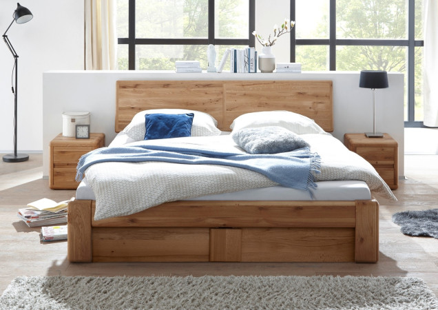 Bett 200x200 Wildeiche massiv mit Holzkopfteil Bettkasten und Lattenrost VERONA