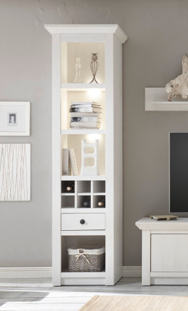 Regal 58x207 cm mit Flascheneinteilung + 1x Schubkasten weiß Pinie WALES + BELEUCHTUNG