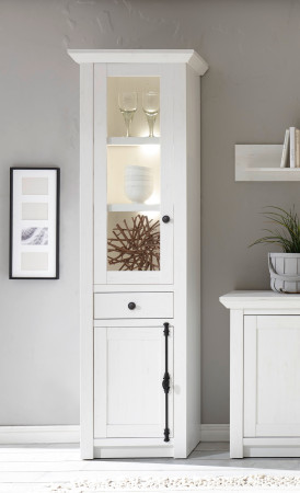 Vitrine 63x207 cm 2-türig + 1x Schubkasten weiß Pinie WALES + BELEUCHTUNG