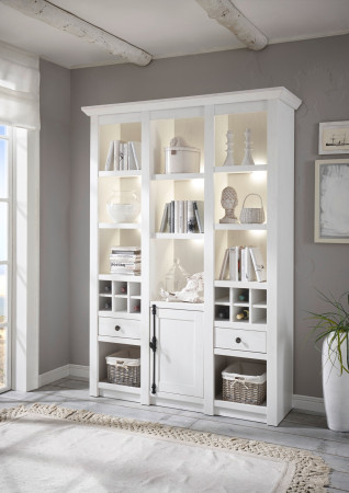 Regal 147x207 cm mit Flascheneinteilungen + 2x Schubkästen weiß Pinie WALES + BELEUCHTUNG