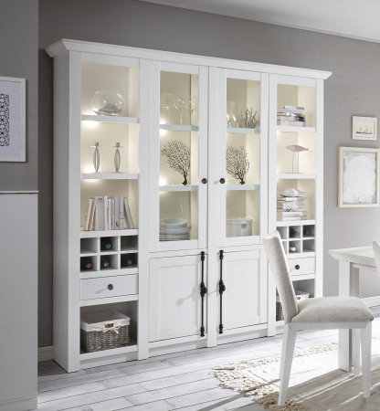 Buffetschrank 4-türig 194x207 cm mit Flascheneinteilung + 2x Schubkästen weiß Pinie WALES + BELEUCHTUNG