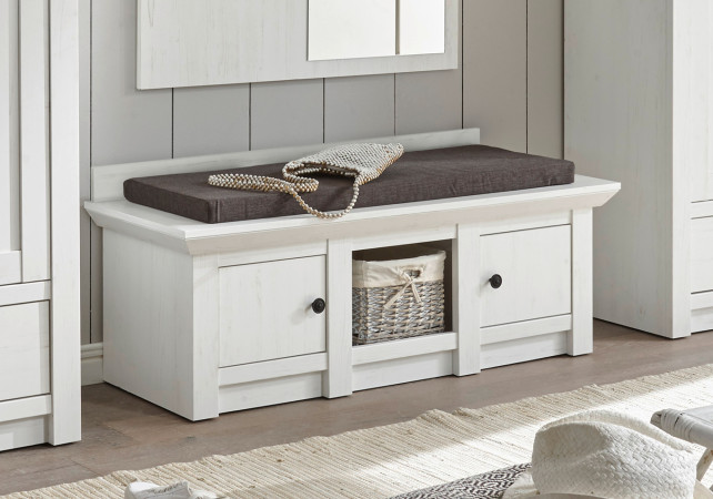 Garderobenbank 124x45 cm Höhe 42 cm 2-türig weiß Pinie mit Sitzkissen WALES