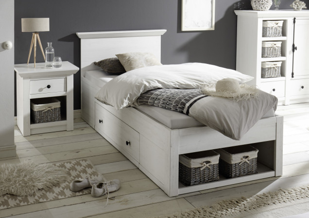 Funktionsbett 90x200 cm weiß Pinie mit Bettschublade WALES