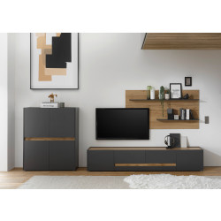 Wohnwand 360 cm Eiche Anthrazit 3-teilig Nr 16 BOSTON + Beleuchtung
