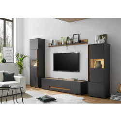 Wohnwand 310 cm Eiche Anthrazit 4-teilig Nr 19 BOSTON + Beleuchtung