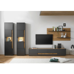 Wohnwand 400 cm Eiche Anthrazit 4-teilig Nr 21 BOSTON + Beleuchtung