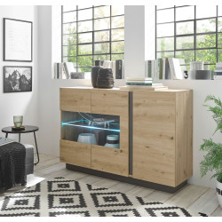 Sideboard 3-türig 138x91 cm mit Glastüren Eiche Graphit CORATO + BELEUCHTUNG