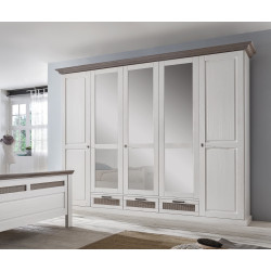 Drehtürenschrank 5-türig mit Spiegel Breite 262 cm weiß grau Pinie teilmassiv Locarno