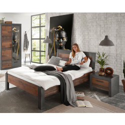 Bett 140x200 mit Holzkopfteil + Nachtkommode used-look QUEENS