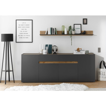Sideboard 220x87 cm Eiche Anthrazit 4-türig + 2 Schubkästen BOSTON