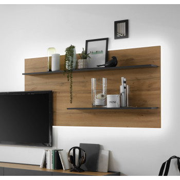 Wandpaneel 155x80 cm Eiche Anthrazit mit 2x Ablageböden BOSTON + Beleuchtung