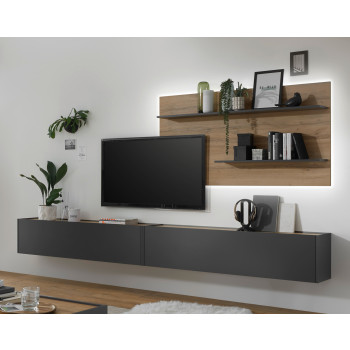 Wohnwand 300 cm Eiche Anthrazit 3-teilig Nr 11 BOSTON + Beleuchtung