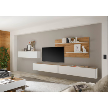 Wohnwand 400 cm Eiche Weiss 4-teilig Nr 13 BOSTON + Beleuchtung