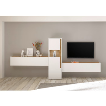 Wohnwand 350 cm Eiche Weiss 3-teilig Nr 14 BOSTON + Beleuchtung