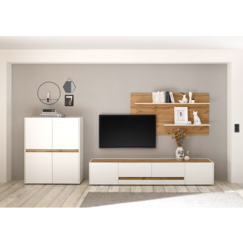 Wohnwand 360 cm Eiche Weiss 3-teilig Nr 16 BOSTON + Beleuchtung