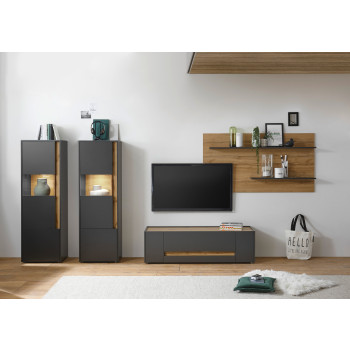 Wohnwand 340 cm Eiche Anthrazit 4-teilig Nr 18 BOSTON + Beleuchtung