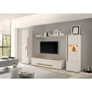 Wohnwand 310 cm Eiche Weiss 4-teilig Nr 19 BOSTON + Beleuchtung