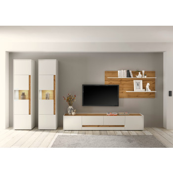 Wohnwand 400 cm Eiche Weiss 4-teilig Nr 21 BOSTON + Beleuchtung