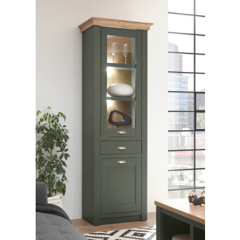 Vitrine 2-türig + 1x Schubkasten 68x207 cm Grün + Eiche CASTLE + Beleuchtung
