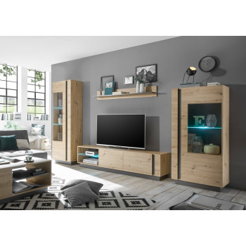 Wohnwand 340 cm 4-teilig mit Beleuchtung Eiche Graphit Nr. 2 CORATO