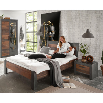 Bett 140x200 mit Holzkopfteil + Nachtkommode used-look QUEENS