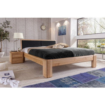 Doppelbett 200x200 cm Kernbuche massiv mit Polsterkopfteil schwarz Verona