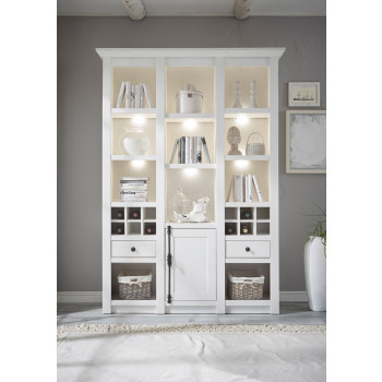 Regal 147x207 cm mit Flascheneinteilungen + 2x Schubkästen weiß Pinie WALES + BELEUCHTUNG