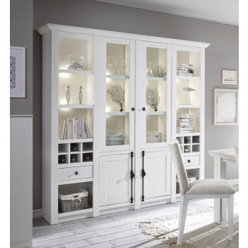 Buffetschrank 4-türig 194x207 cm mit Flascheneinteilung + 2x Schubkästen weiß Pinie WALES + BELEUCHTUNG
